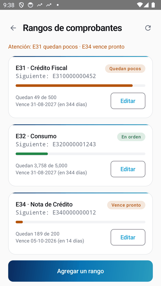 DOSA APP: administración de rangos de comprobantes