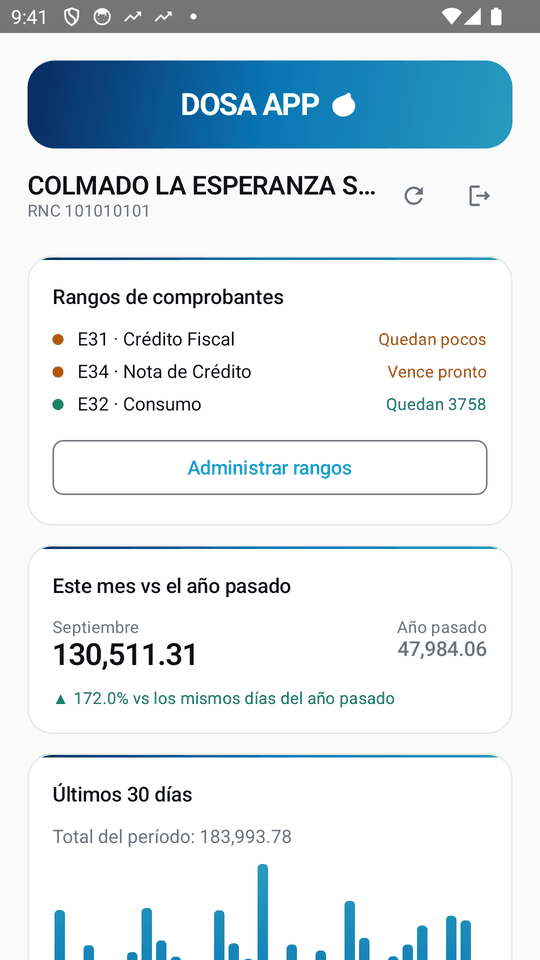 DOSA APP: resumen con rangos de comprobantes y comparativo con el año pasado