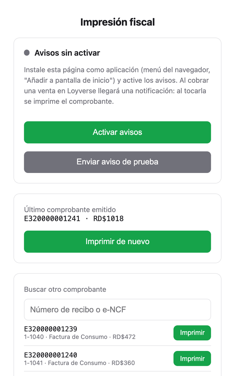 Panel de impresión fiscal con aviso de ventas cobradas en Loyverse