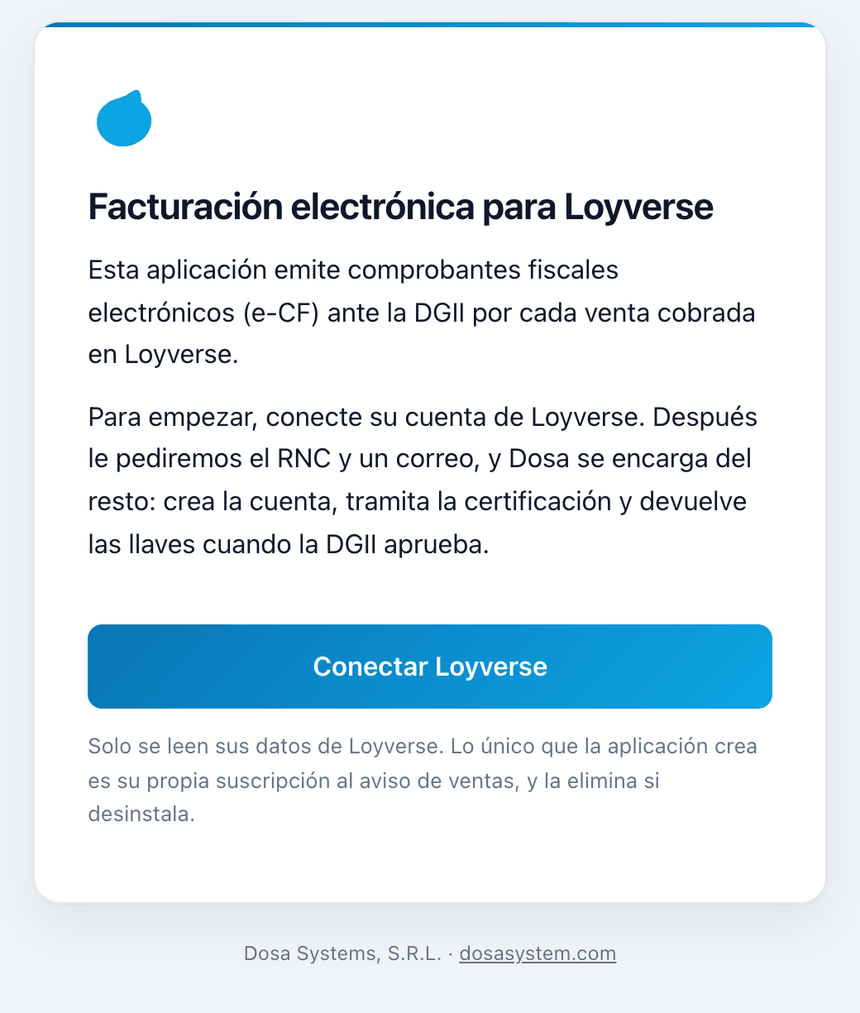 Pantalla para conectar Loyverse con la facturación electrónica de DOSA