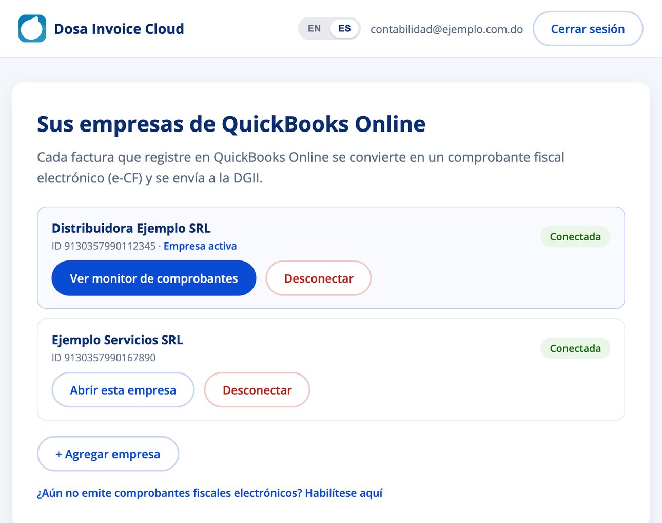Panel de Dosa Invoice Cloud con las empresas de QuickBooks Online conectadas