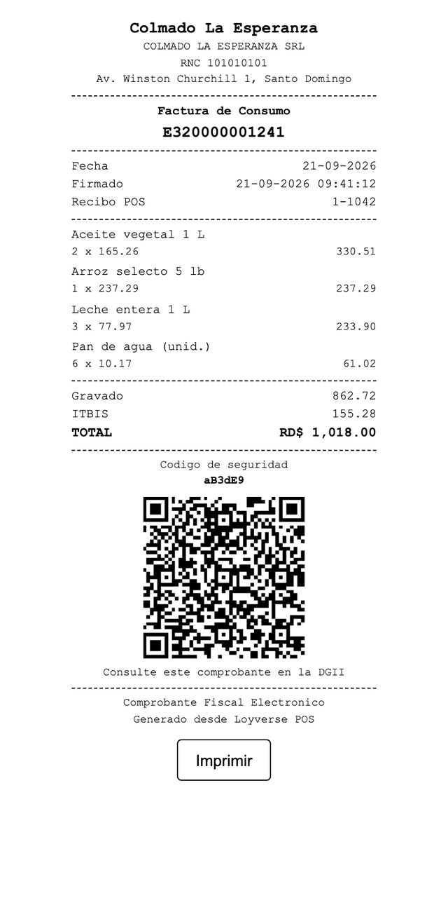Recibo fiscal electrónico con código QR generado desde Loyverse