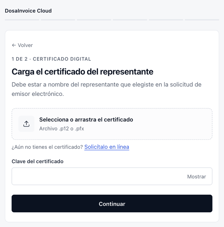 Asistente de certificación: carga del certificado digital del representante