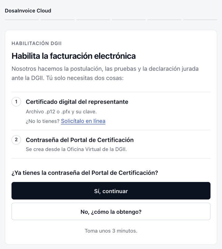 Asistente de certificación: requisitos para habilitar la facturación electrónica